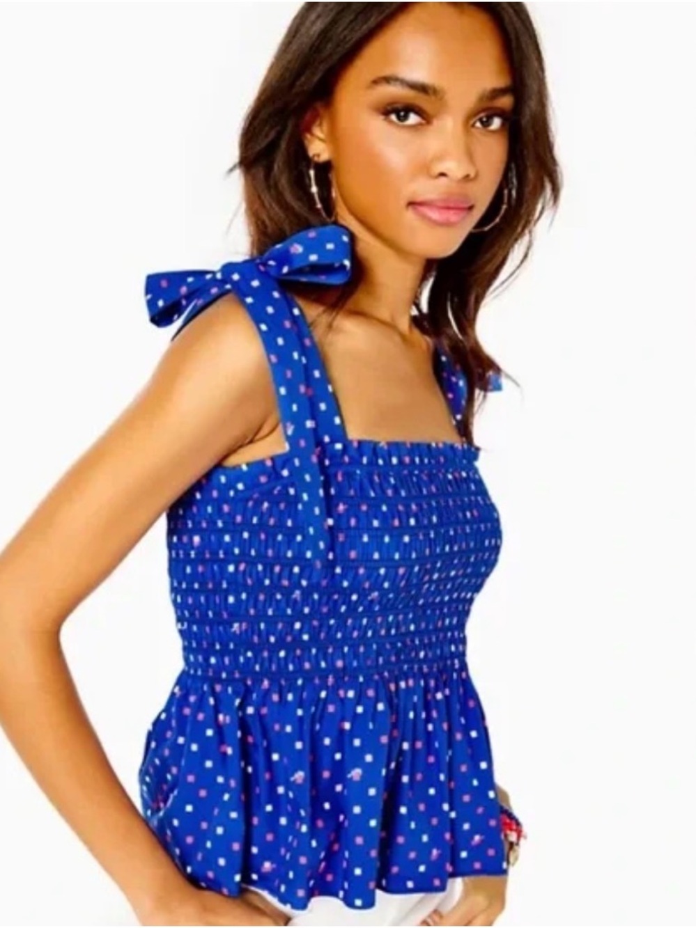 NEW Lilly Pulitzer Rivera Royal Blue Smocked Tie-Shoulder Tank Small